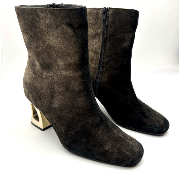 Vintage 80s Classique Black Brown Ombre Suede Cut-out Block Heel Zip Boot 8M - Picture 5 of 16